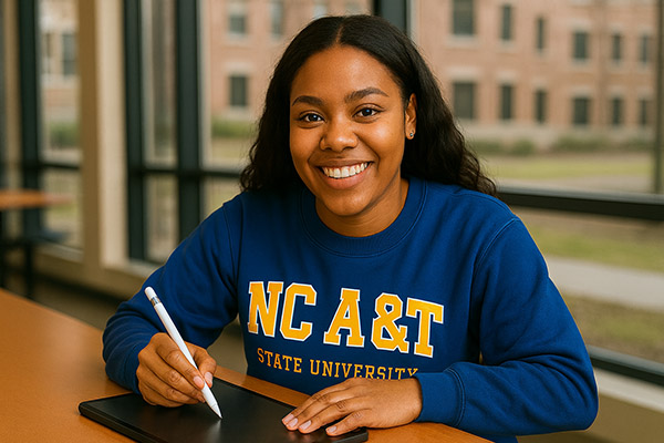 AI rendering of a female A&T student in blue sweatshirt with a tablet and stylus
