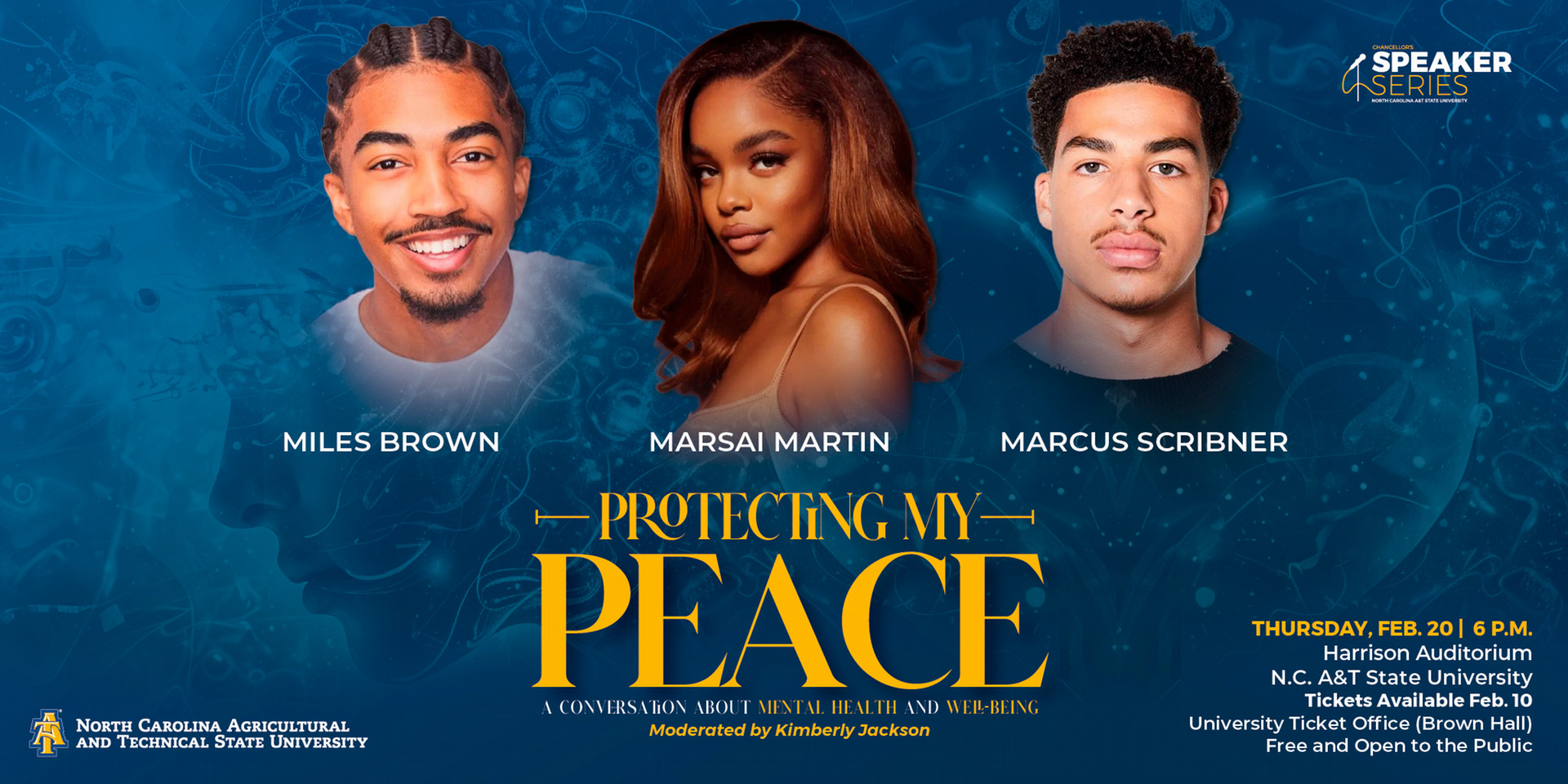 North Carolina Agricultural and Technical State University will welcome an outstanding panel for the next edition of the Chancellor’s Speaker Series: “Protecting My Peace,” Thursday, Feb. 20, at 6 p.m., in Harrison Auditorium. Special guests include rising stars, award-winning actors Miles Brown, Marsai Martin and Marcus Scribner. The three are best known for their portrayals of Jack, Dianne and Andre Johnson Jr., respectively, on the hit ABC show “black-ish.” Alumna Kimberly Jackson ’92 will moderate.