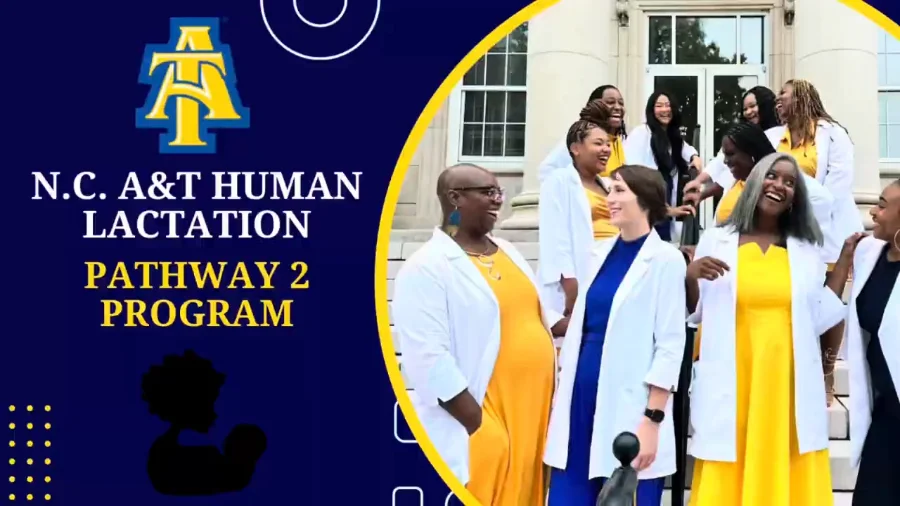 Group of diverse women in yellow dresses and white lab coats standing on steps in front of a university building, smiling and laughing. Text on the image reads: "N.C. A&T Human Lactation Pathway 2 Program" with the university logo.