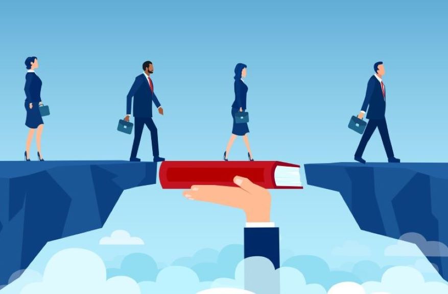 An illustration of students earning their MBAs, walking into the future