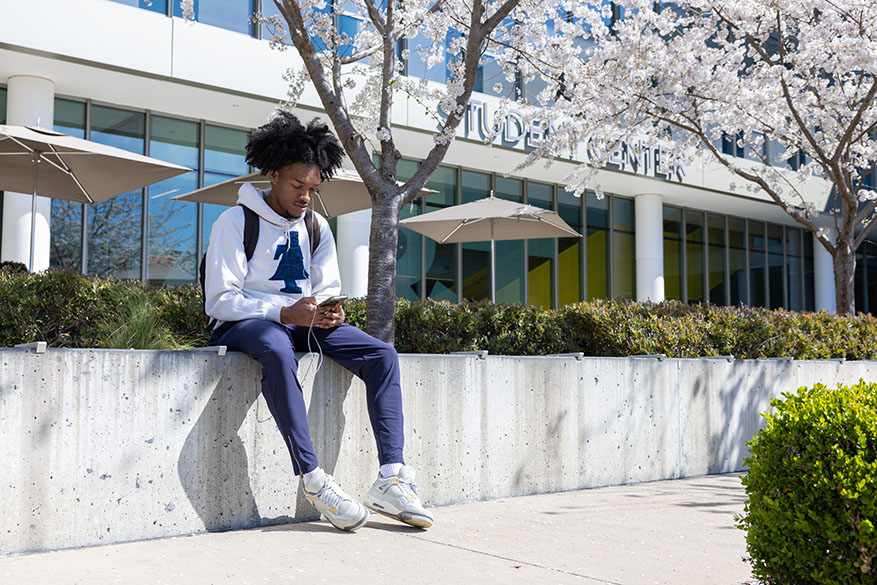 male student with hoodie under blossoms