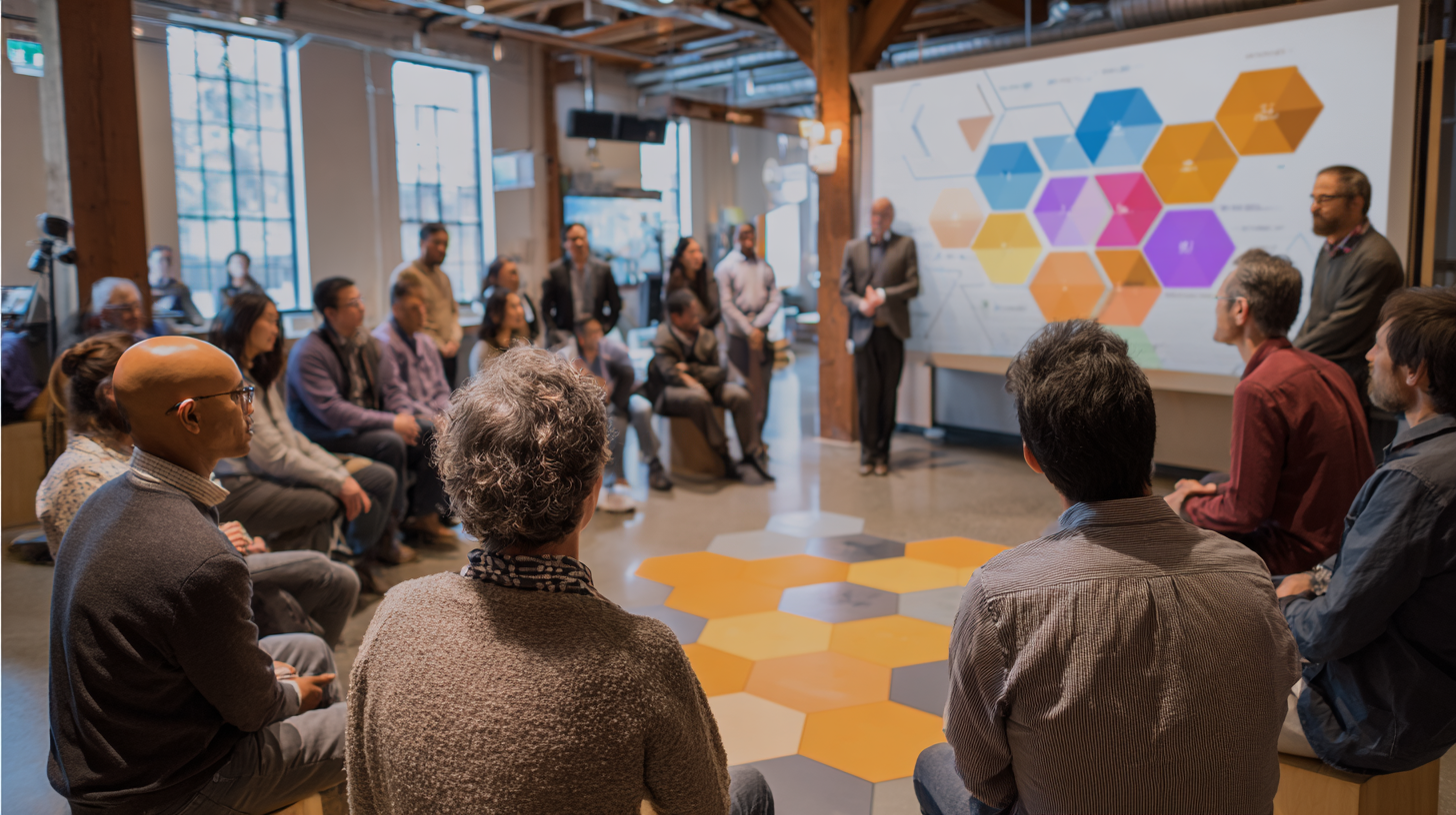 a large group of people in a collaboration space sitting in a circle and discussing ideasl